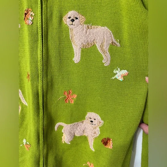 Storybook Knits Golden Retriever Dog Sweater Green Zip Cardigan Pupply Novelty M - Picture 9 of 14